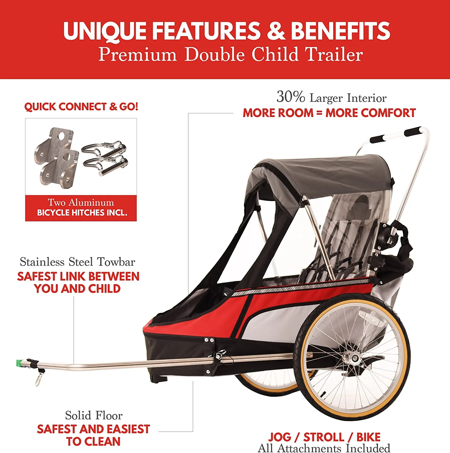 Wike Premium Double Children's Bike Trailer - Includes Stroller and Jogging Kit - Image 22